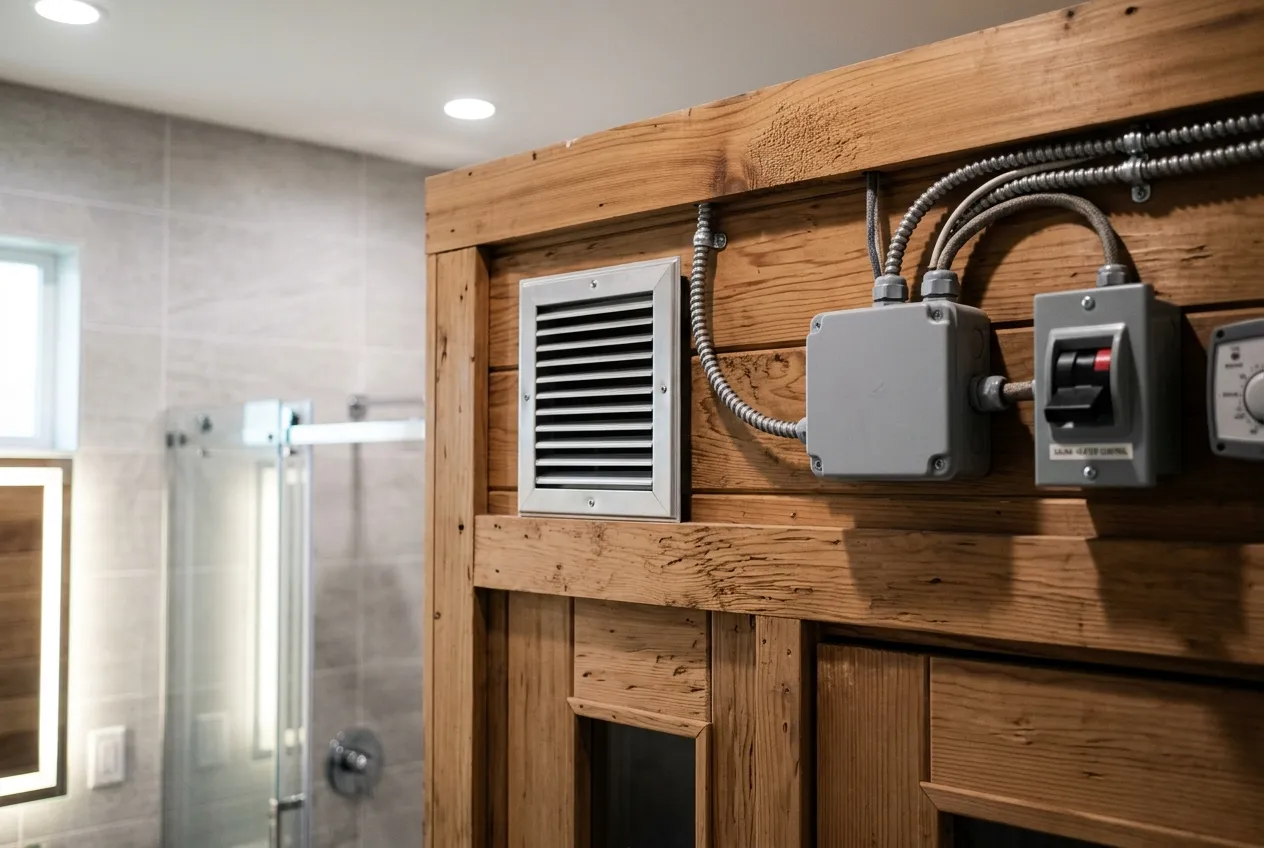 Sauna v koupelně: 7 fatálních chyb, kterým se musíte vyhnout pro wellness bez plísní 2 Detail odvětrávání a elektroinstalace pro saunu v koupelně