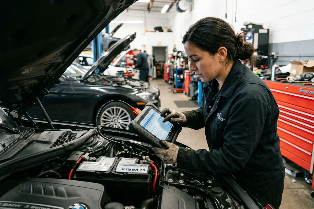 Autobaterie podle VIN: 5 chyb, které zničí novou baterii 2 Automechanik provádí kódování nové AGM baterie přes autodiagnostiku