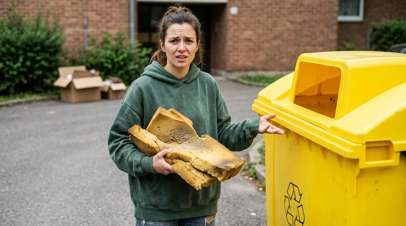 Molitan recyklace: 3 způsoby, jak se zbavit staré matrace bez pokuty 1 Detailní pohled na starý molitan a PUR pěnu připravenou k ekologické recyklaci ve sběrném dvoře.